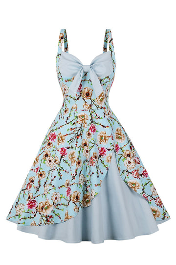 Alças de Espaguete Flor Azul 1950s Vestido Com Laço